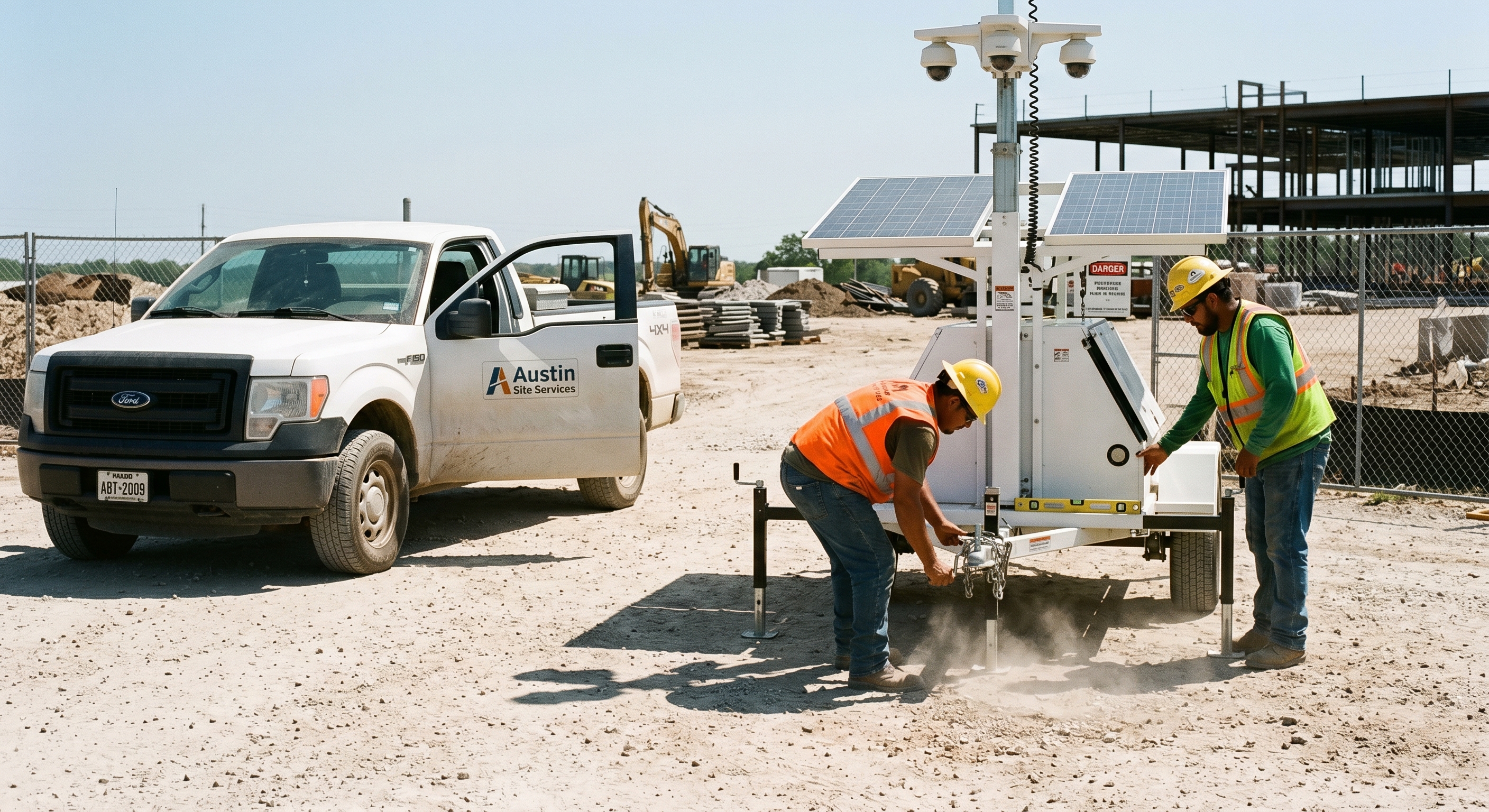 Technicians setting up a TEX Security solar surveillance trailer on an Austin jobsite
