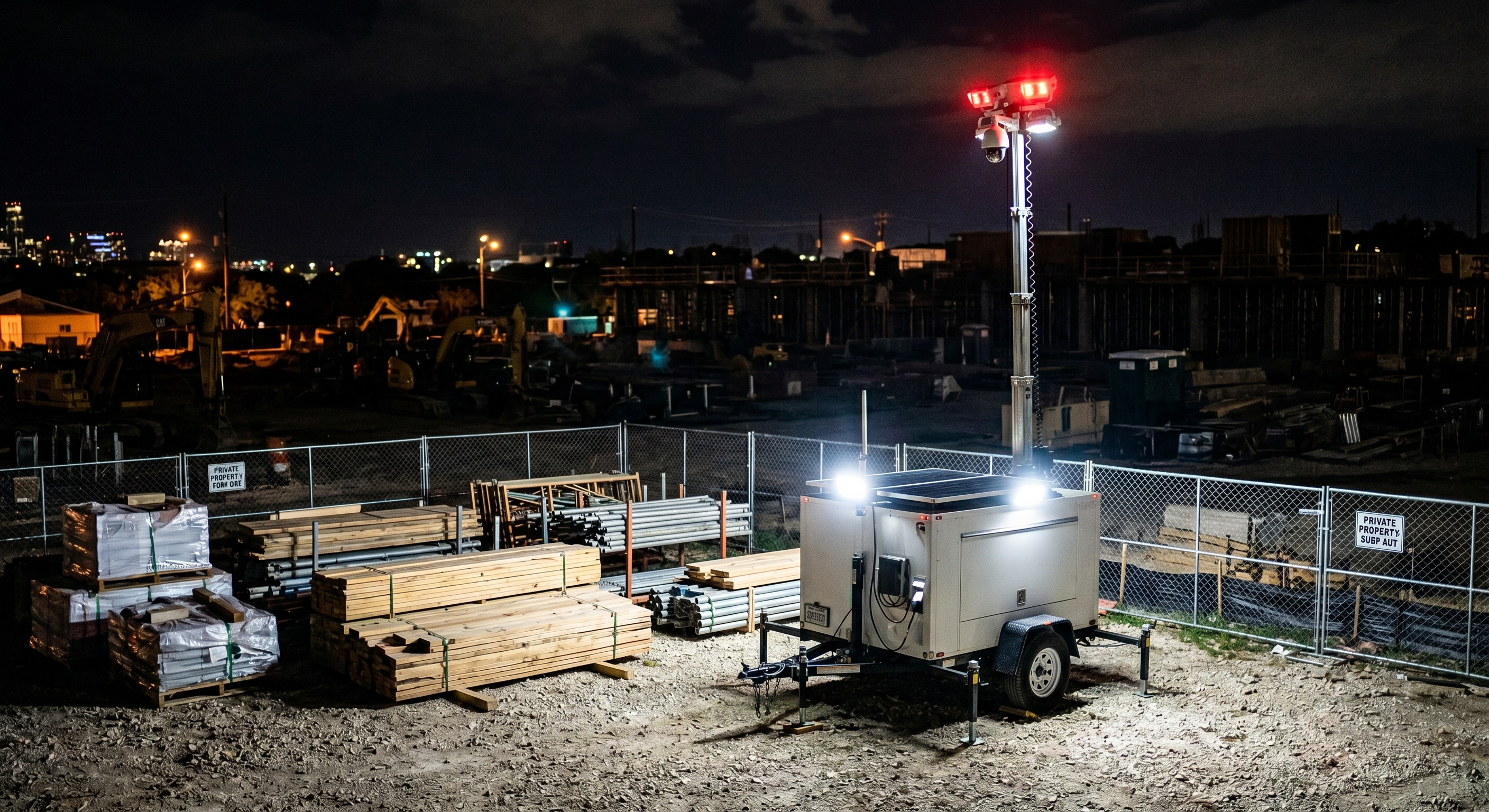 TEX Security trailer at night with deterrent floodlights raised