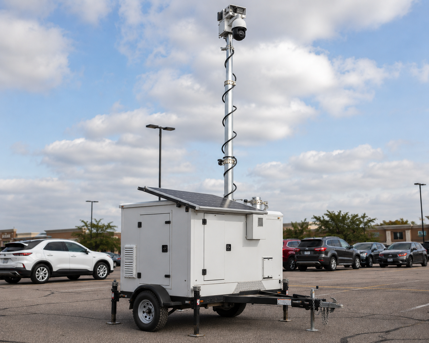 Solar-powered TEX Security trailer with telescoping HD camera mast